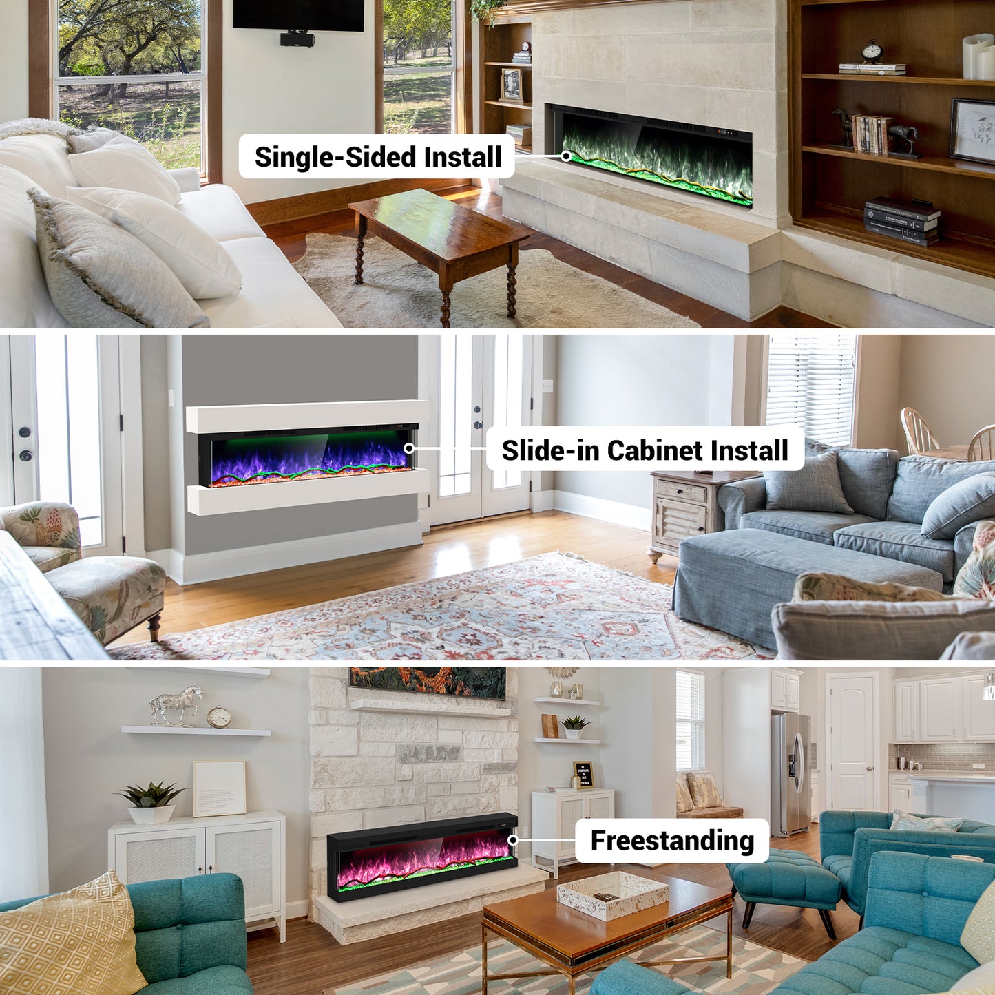 STRICWARM 50 inch 3 Sided Electric Fireplace Insert with Touchscreen, Smart Recessed/Built-in Linear Electric Fire Place Heater 1500W, Multi-Color Realistic Flames, APP Control, Timer, Log & Crystal