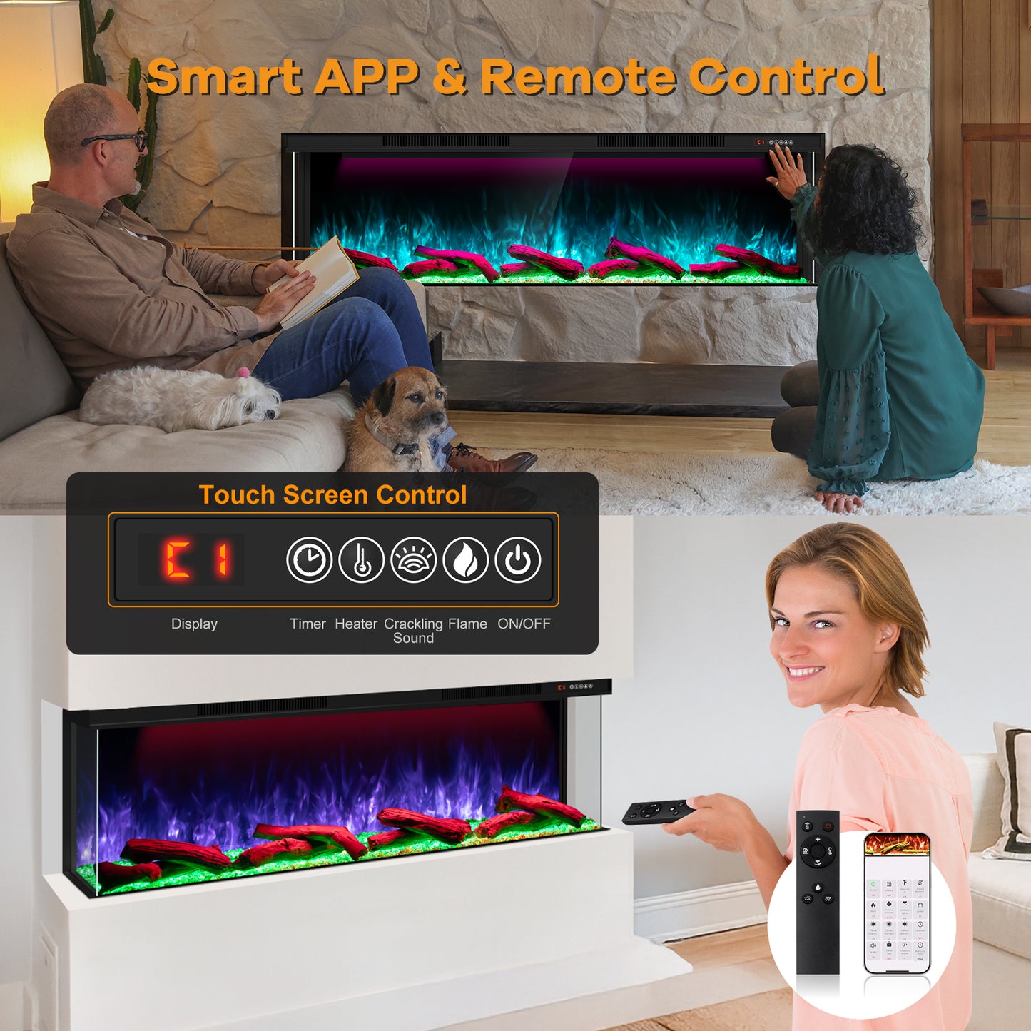 STRICWARM 100" 3 Sided Electric Fireplace Insert, 3D Smart Linear Built-in Fire Place Heater 1500W, Multi-Colors of Flame/Ember Bed/Toplight, APP & Remote Control, Cracking Sound, 9H Timer, Crystal & Log