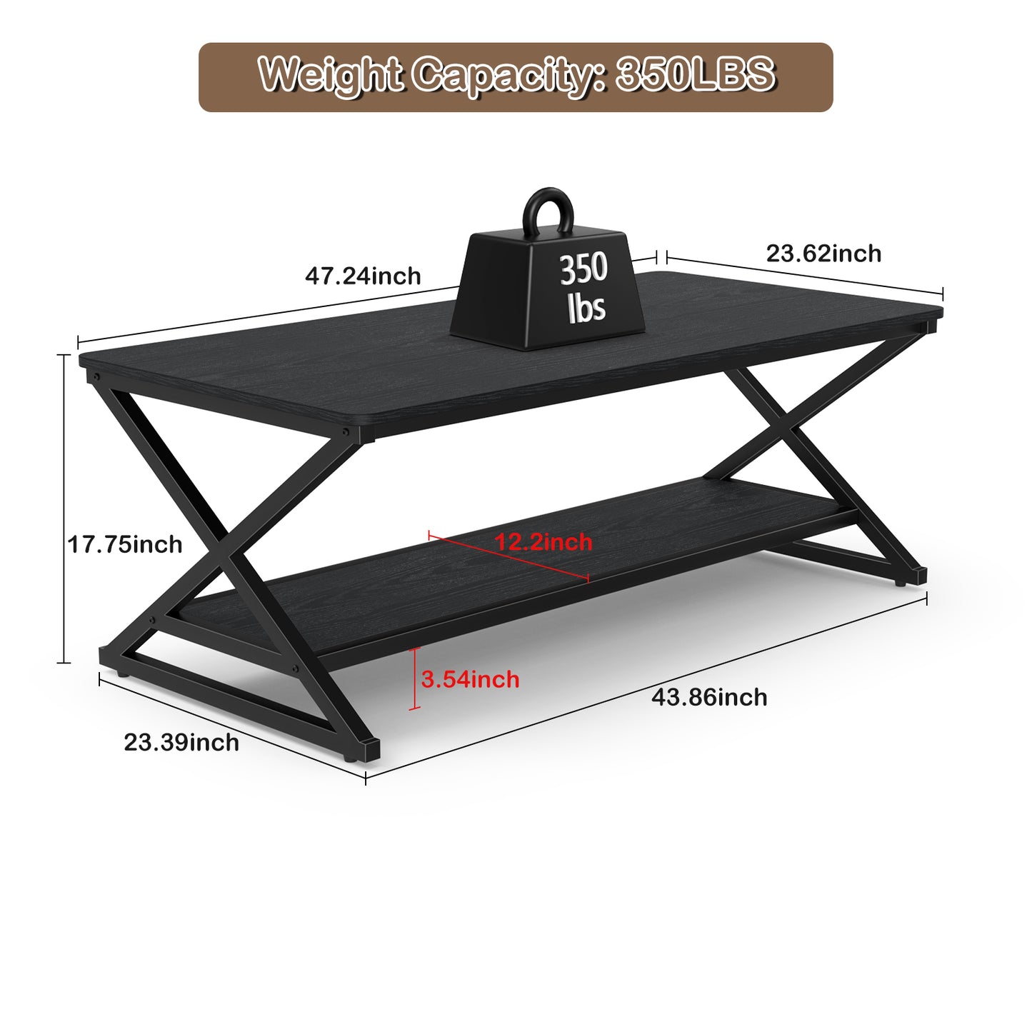 STRICWARM Coffee Table with Storage Shelf and Round Corner, Modern Industrial Metal Wood Living Room Center Table, Farmhouse Minimalist 2 Tier Rectangular Cocktail Tea Tables, Black, 47 Inch