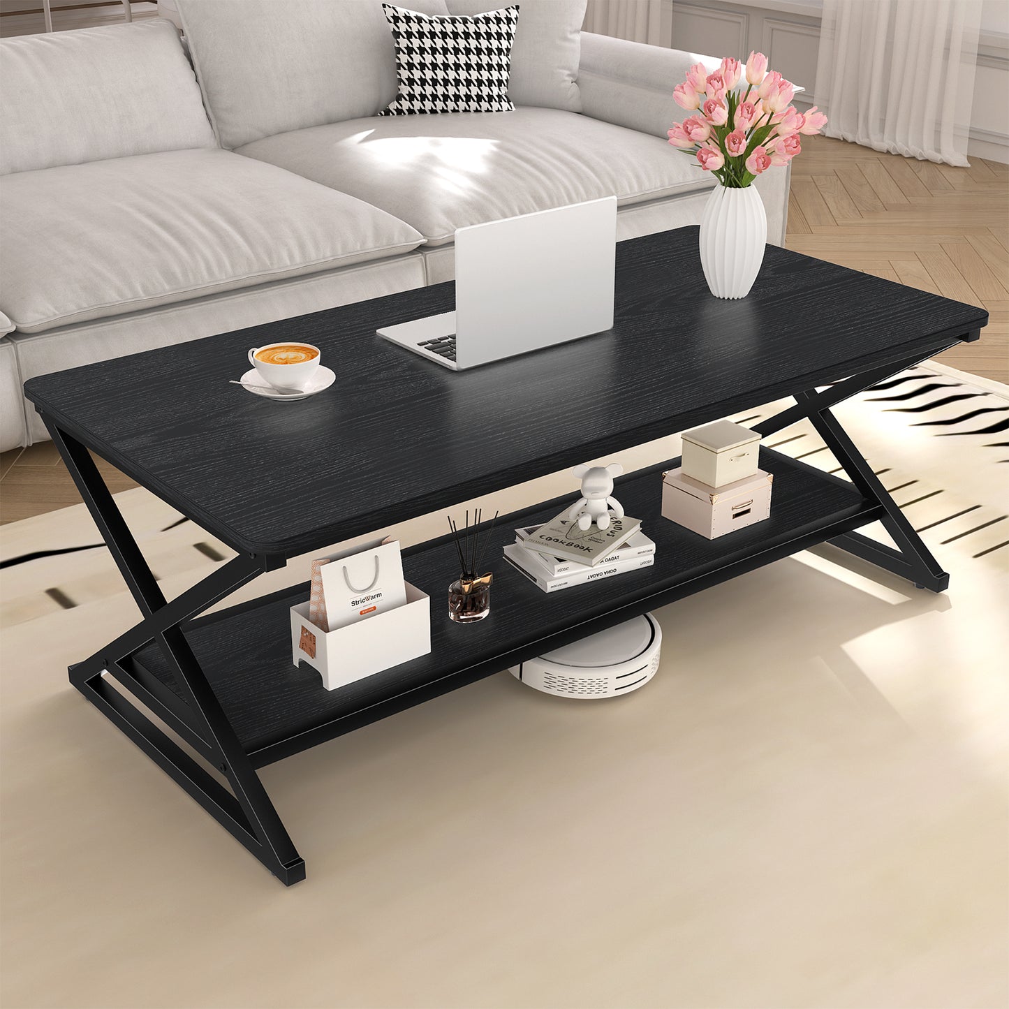 STRICWARM Coffee Table with Storage Shelf and Round Corner, Modern Industrial Metal Wood Living Room Center Table, Farmhouse Minimalist 2 Tier Rectangular Cocktail Tea Tables, Black, 47 Inch
