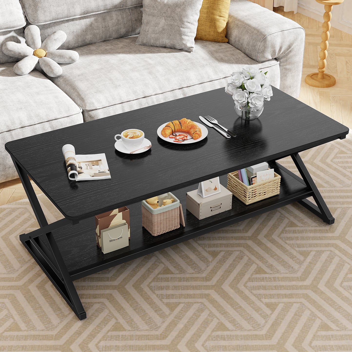 STRICWARM Coffee Table with Storage Shelf and Round Corner, Modern Industrial Metal Wood Living Room Center Table, Farmhouse Minimalist 2 Tier Rectangular Cocktail Tea Tables, Black, 47 Inch