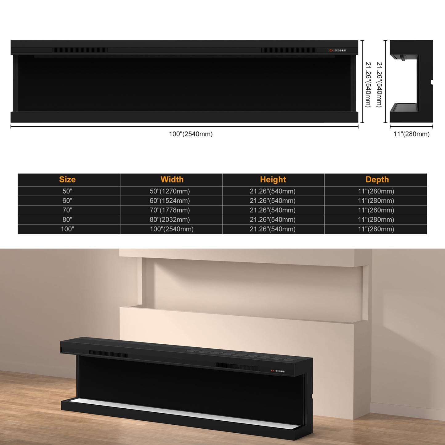 STRICWARM 100" 3 Sided Electric Fireplace Insert, 3D Smart Linear Built-in Fire Place Heater 1500W, Multi-Colors of Flame/Ember Bed/Toplight, APP & Remote Control, Cracking Sound, 9H Timer, Crystal & Log