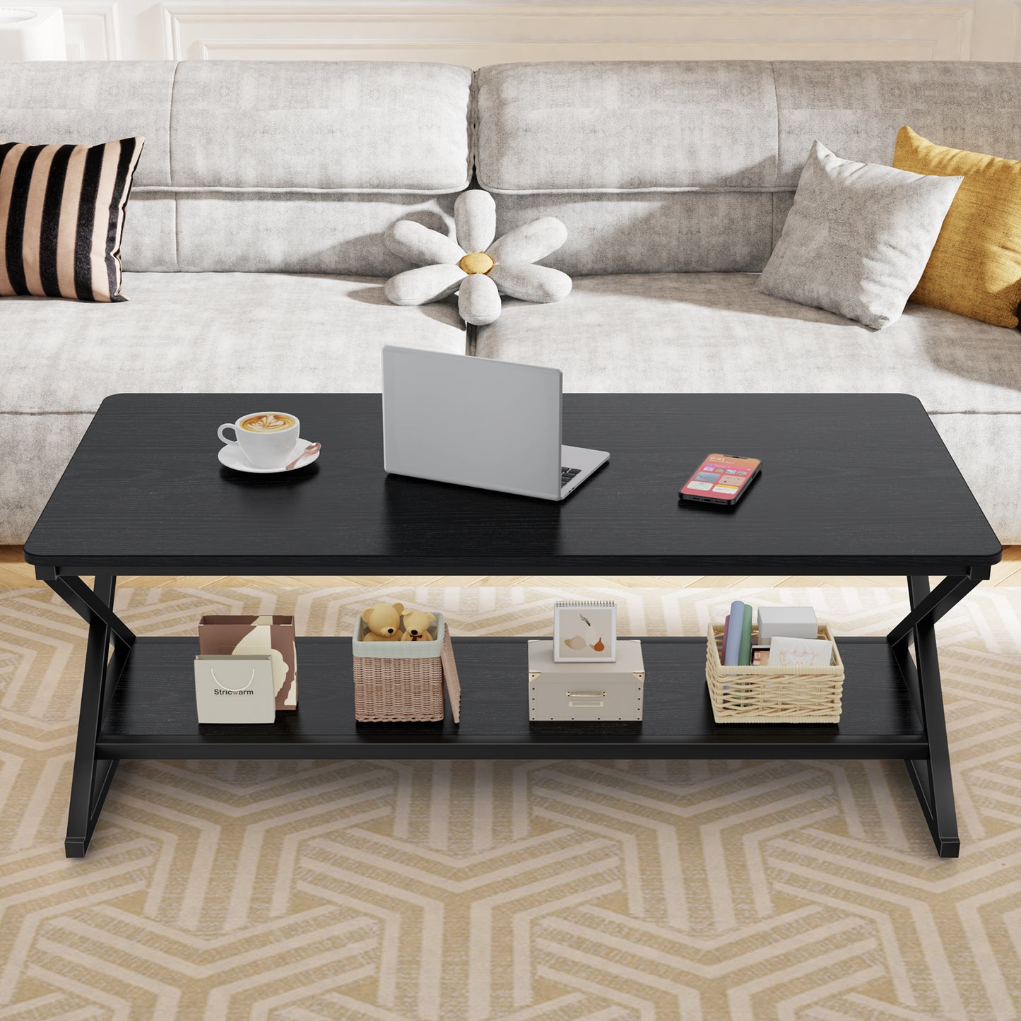 STRICWARM Coffee Table with Storage Shelf and Round Corner, Modern Industrial Metal Wood Living Room Center Table, Farmhouse Minimalist 2 Tier Rectangular Cocktail Tea Tables, Black, 47 Inch