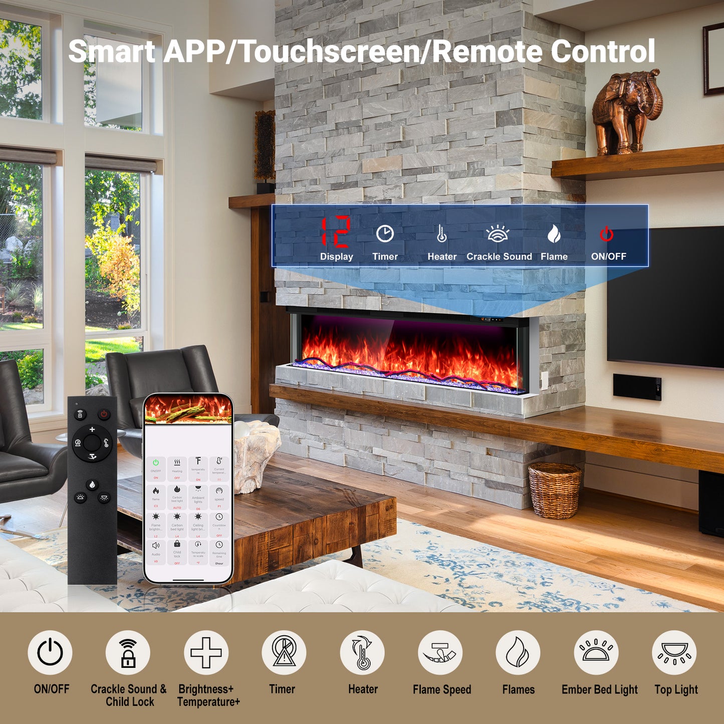 STRICWARM 50 inch 3 Sided Electric Fireplace Insert with Touchscreen, Smart Recessed/Built-in Linear Electric Fire Place Heater 1500W, Multi-Color Realistic Flames, APP Control, Timer, Log & Crystal
