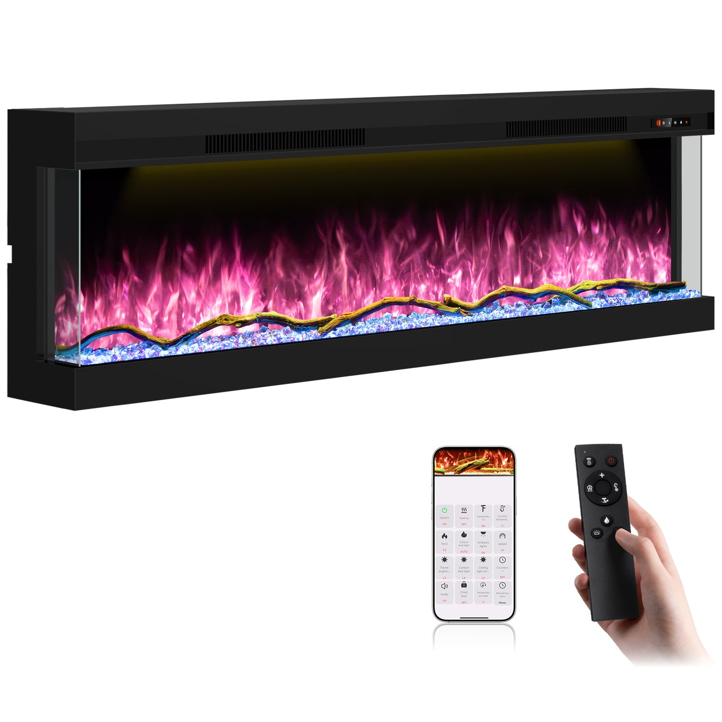 STRICWARM 50 inch 3 Sided Electric Fireplace Insert with Touchscreen, Smart Recessed/Built-in Linear Electric Fire Place Heater 1500W, Multi-Color Realistic Flames, APP Control, Timer, Log & Crystal