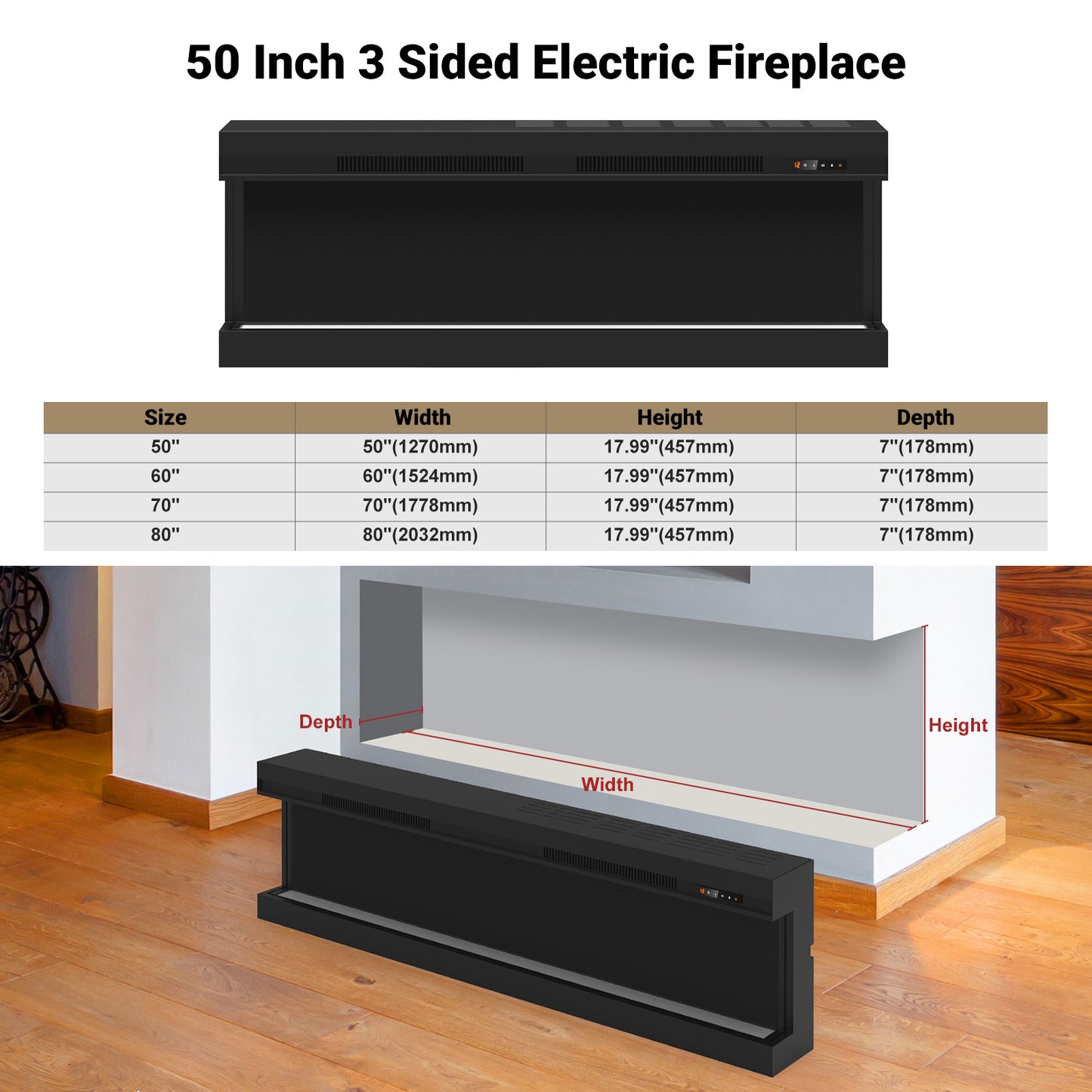 STRICWARM 50 inch 3 Sided Electric Fireplace Insert with Touchscreen, Smart Recessed/Built-in Linear Electric Fire Place Heater 1500W, Multi-Color Realistic Flames, APP Control, Timer, Log & Crystal