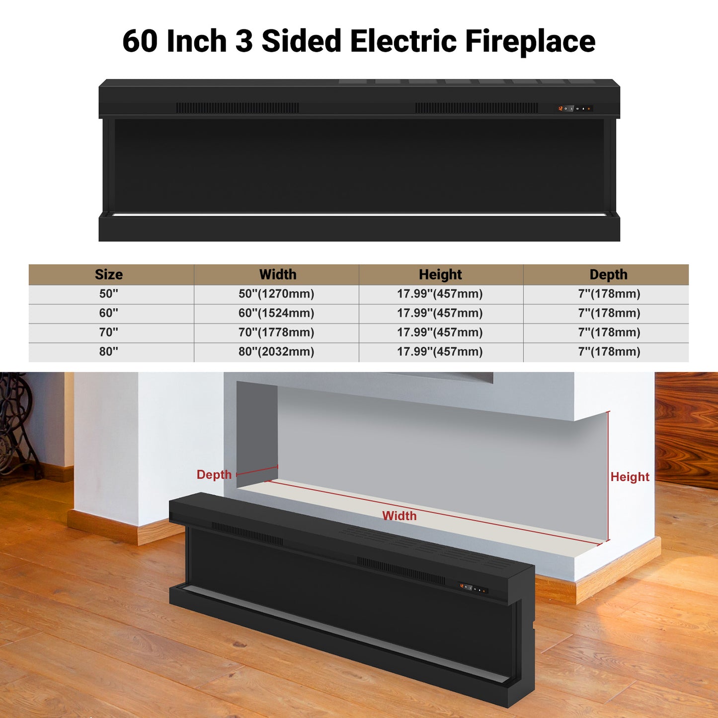 STRICWARM 60 inch 3 Sided Electric Fireplace Insert with Touchscreen, Smart Recessed/Built-in Linear Electric Fire Place Heater 1500W, Multi-Color Realistic Flames, APP Control, Timer, Log & Crystal