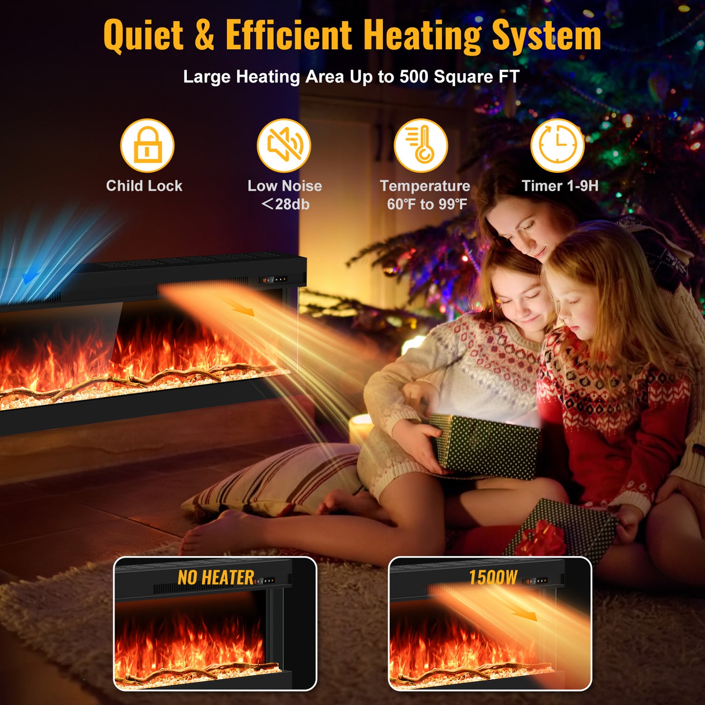 STRICWARM 50 inch 3 Sided Electric Fireplace Insert with Touchscreen, Smart Recessed/Built-in Linear Electric Fire Place Heater 1500W, Multi-Color Realistic Flames, APP Control, Timer, Log & Crystal