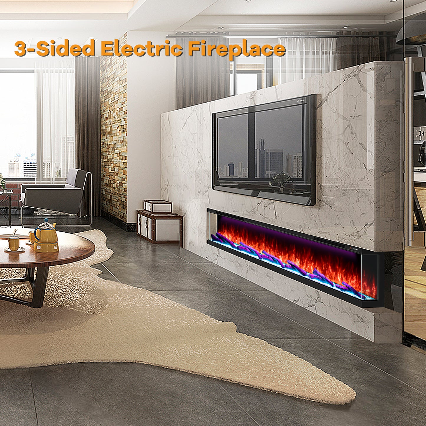 STRICWARM 100" 3 Sided Electric Fireplace Insert, 3D Smart Linear Built-in Fire Place Heater 1500W, Multi-Colors of Flame/Ember Bed/Toplight, APP & Remote Control, Cracking Sound, 9H Timer, Crystal & Log