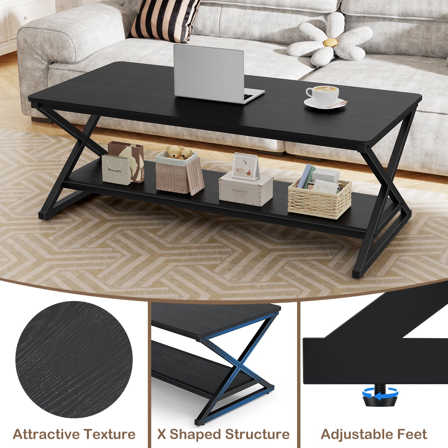 STRICWARM Coffee Table with Storage Shelf and Round Corner, Modern Industrial Metal Wood Living Room Center Table, Farmhouse Minimalist 2 Tier Rectangular Cocktail Tea Tables, Black, 47 Inch