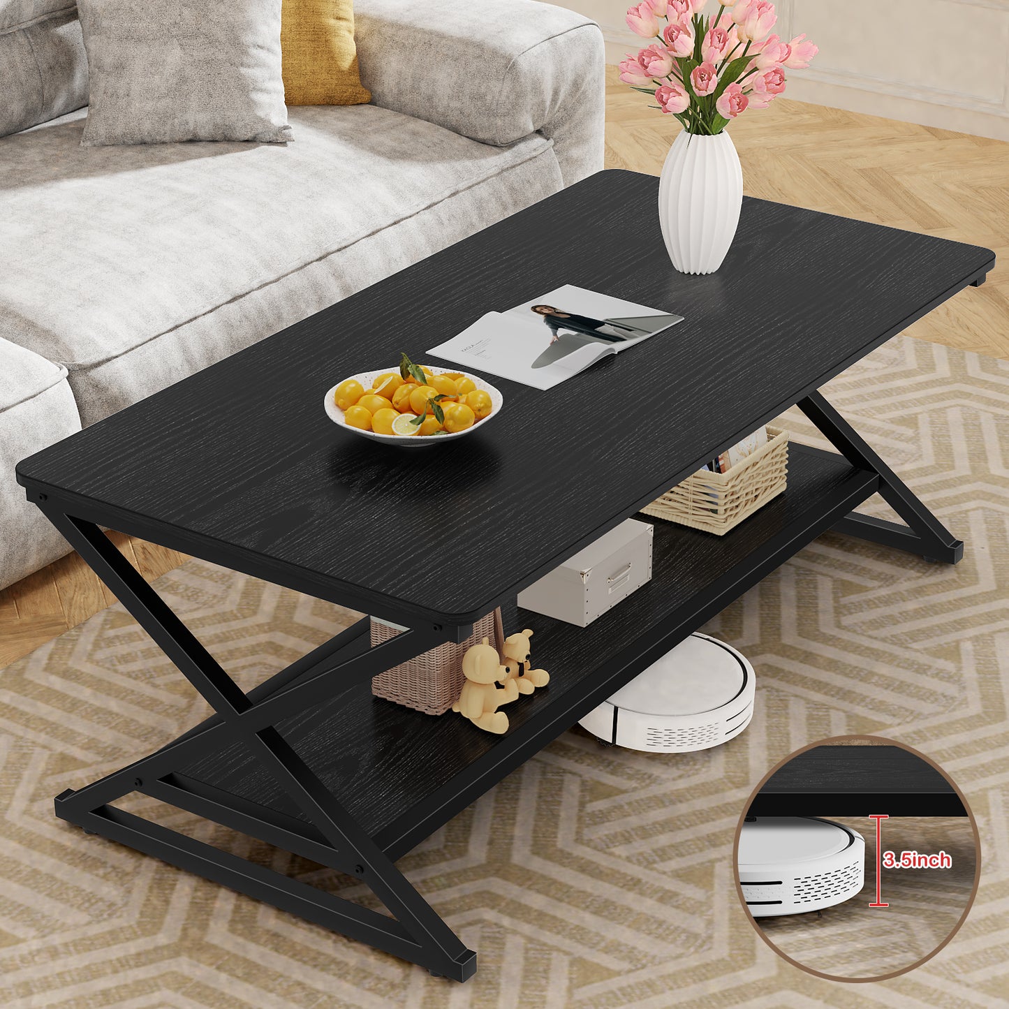STRICWARM Coffee Table with Storage Shelf and Round Corner, Modern Industrial Metal Wood Living Room Center Table, Farmhouse Minimalist 2 Tier Rectangular Cocktail Tea Tables, Black, 47 Inch
