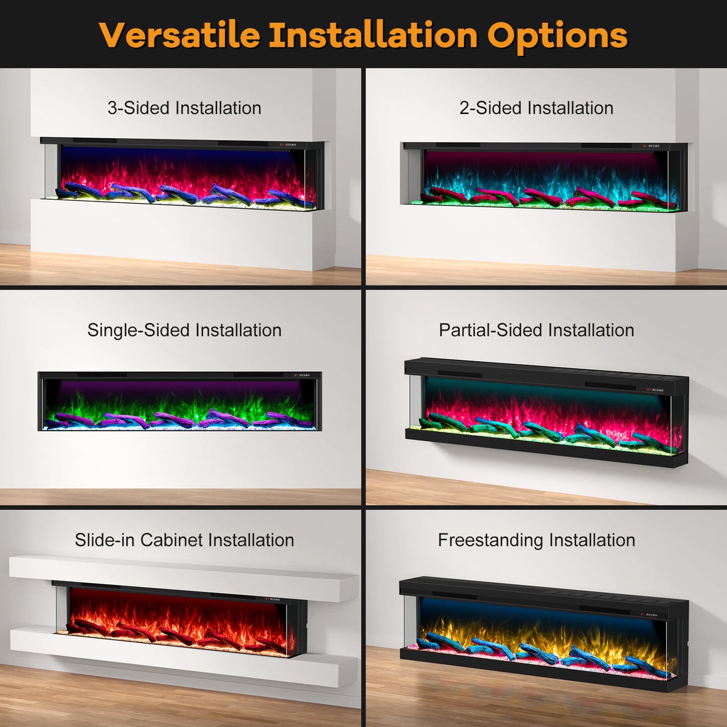 STRICWARM 100" 3 Sided Electric Fireplace Insert, 3D Smart Linear Built-in Fire Place Heater 1500W, Multi-Colors of Flame/Ember Bed/Toplight, APP & Remote Control, Cracking Sound, 9H Timer, Crystal & Log