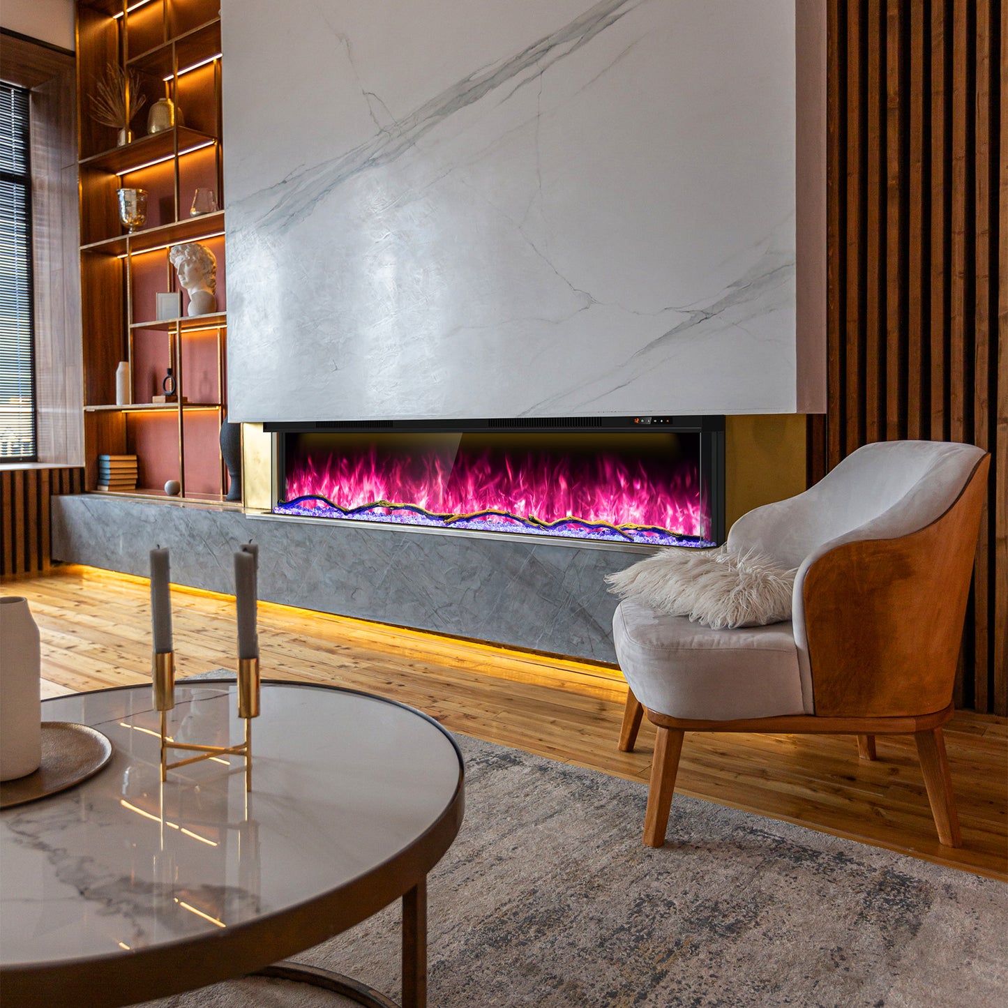 STRICWARM 50 inch 3 Sided Electric Fireplace Insert with Touchscreen, Smart Recessed/Built-in Linear Electric Fire Place Heater 1500W, Multi-Color Realistic Flames, APP Control, Timer, Log & Crystal