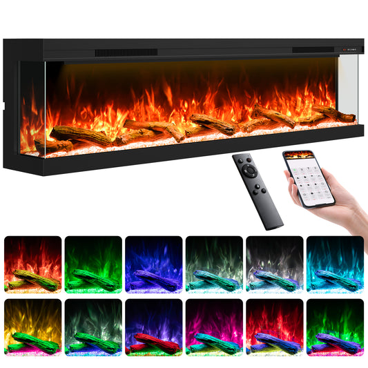 STRICWARM 100" 3 Sided Electric Fireplace Insert, 3D Smart Linear Built-in Fire Place Heater 1500W, Multi-Colors of Flame/Ember Bed/Toplight, APP & Remote Control, Cracking Sound, 9H Timer, Crystal & Log