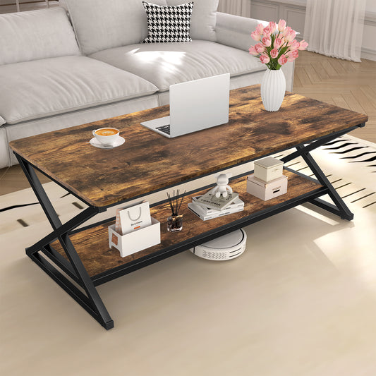 STRICWARM Coffee Table with Storage Shelf and Round Corner, Modern Industrial Metal Wood Living Room Center Table, 2 Tier Farmhouse Minimalist Rectangular Cocktail Tea Tables, Rustic Brown, 47 Inch