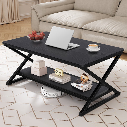 STRICWARM Coffee Table with Storage Shelf and Round Corner, Modern Industrial Metal Wood Living Room Center Table, Farmhouse Minimalist 2 Tier Rectangular Cocktail Tea Tables, Black, 39 Inch