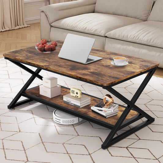 STRICWARM Coffee Table with Storage Shelf and Round Corner, Modern Industrial Metal Wood Living Room Center Table, 2 Tier Farmhouse Minimalist Rectangular Cocktail Tea Tables, Rustic Brown, 39 Inch