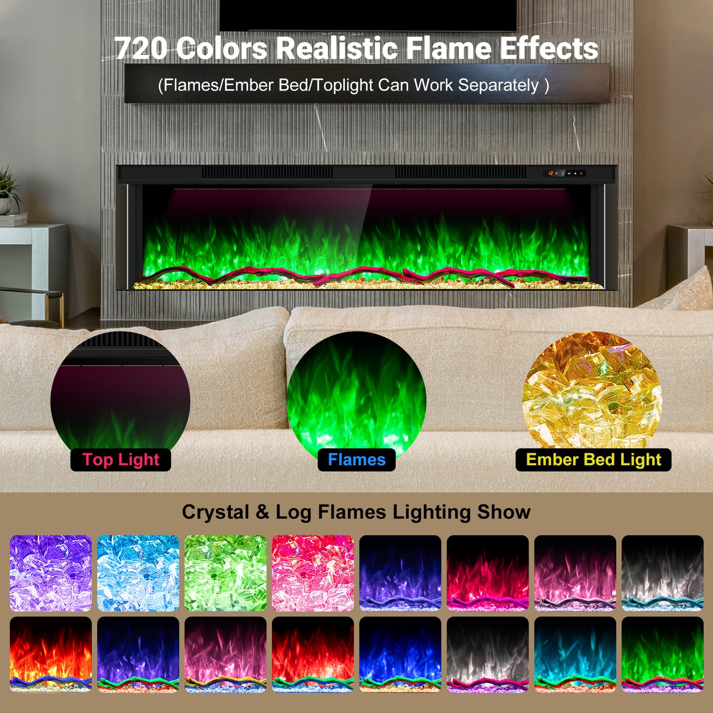 STRICWARM 60 inch 3 Sided Electric Fireplace Insert with Touchscreen, Smart Recessed/Built-in Linear Electric Fire Place Heater 1500W, Multi-Color Realistic Flames, APP Control, Timer, Log & Crystal