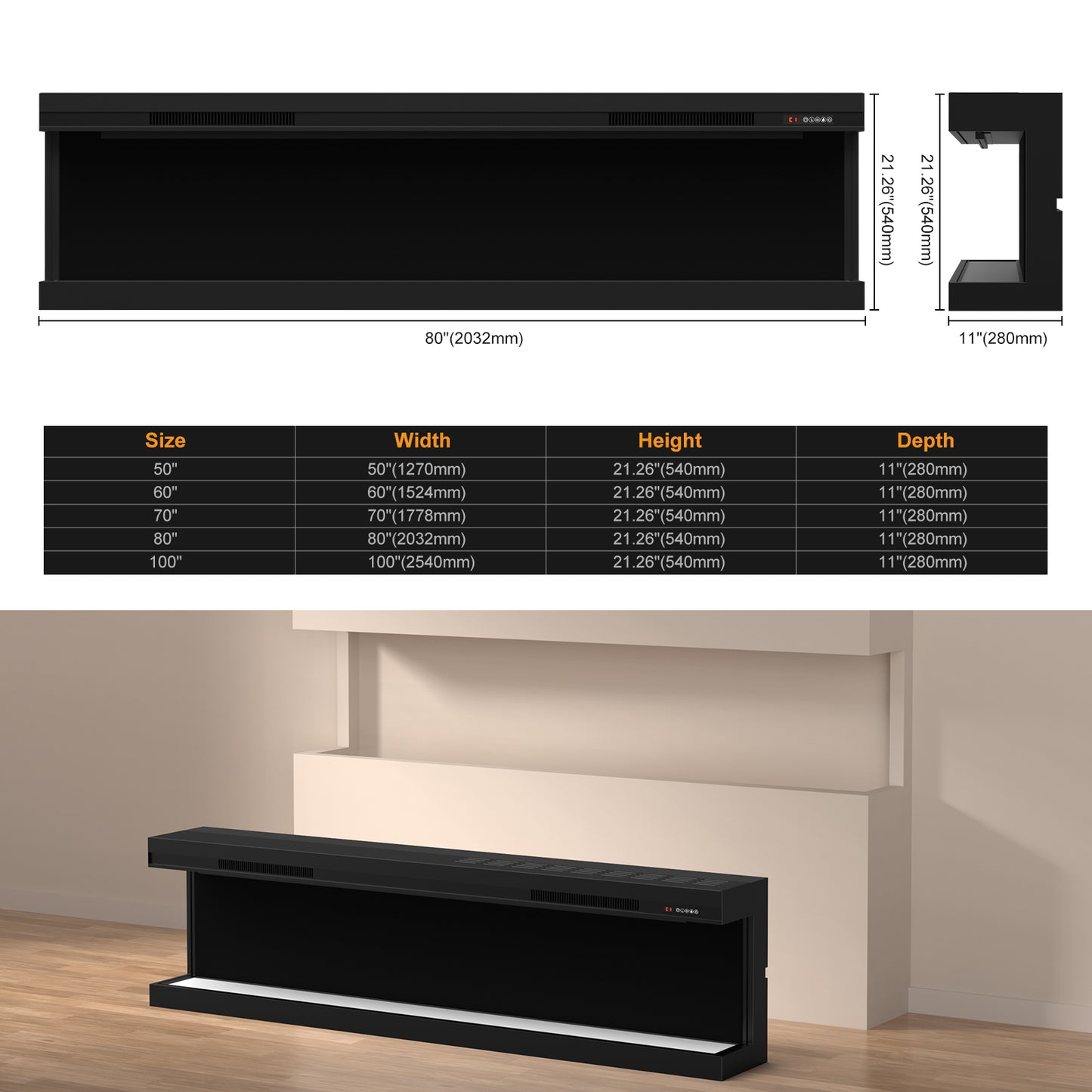 STRICWARM 80" 3 Sided Electric Fireplace Insert, 3D Smart Linear Built-in Fire Place Heater 1500W, Multi-Colors of Flame/Ember Bed/Toplight, APP & Remote Control, Cracking Sound, 9H Timer, Crystal & Log