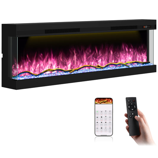 STRICWARM 50 inch 3 Sided Electric Fireplace Insert with Touchscreen, Smart Recessed/Built-in Linear Electric Fire Place Heater 1500W, Multi-Color Realistic Flames, APP Control, Timer, Log & Crystal