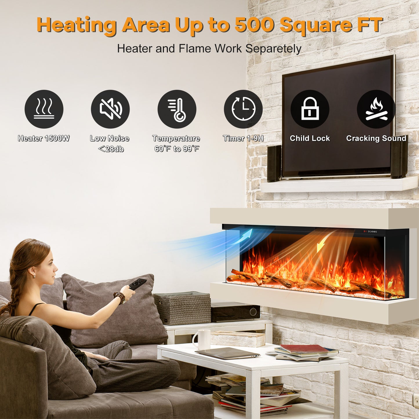 STRICWARM 100" 3 Sided Electric Fireplace Insert, 3D Smart Linear Built-in Fire Place Heater 1500W, Multi-Colors of Flame/Ember Bed/Toplight, APP & Remote Control, Cracking Sound, 9H Timer, Crystal & Log