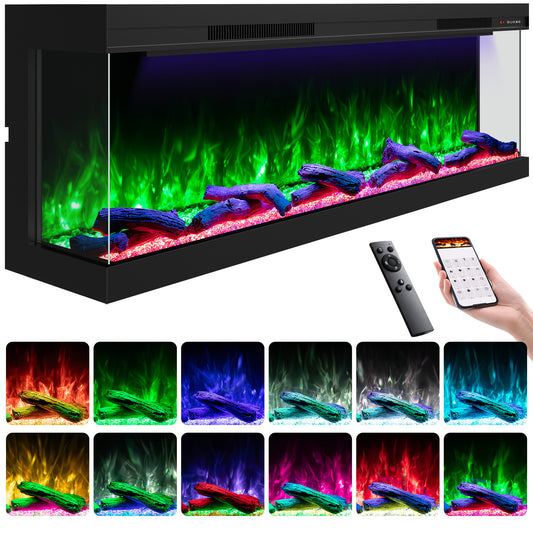 STRICWARM 60" 3 Sided Electric Fireplace Insert, 3D Smart Linear Built-in Fire Place Heater 1500W, Multi-Colors of Flame/Ember Bed/Toplight, APP & Remote Control, Cracking Sound, 9H Timer, Crystal & Log