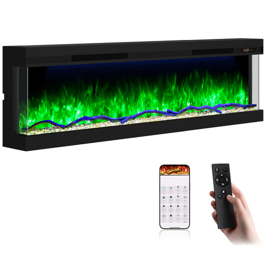 STRICWARM 60 inch 3 Sided Electric Fireplace Insert with Touchscreen, Smart Recessed/Built-in Linear Electric Fire Place Heater 1500W, Multi-Color Realistic Flames, APP Control, Timer, Log & Crystal