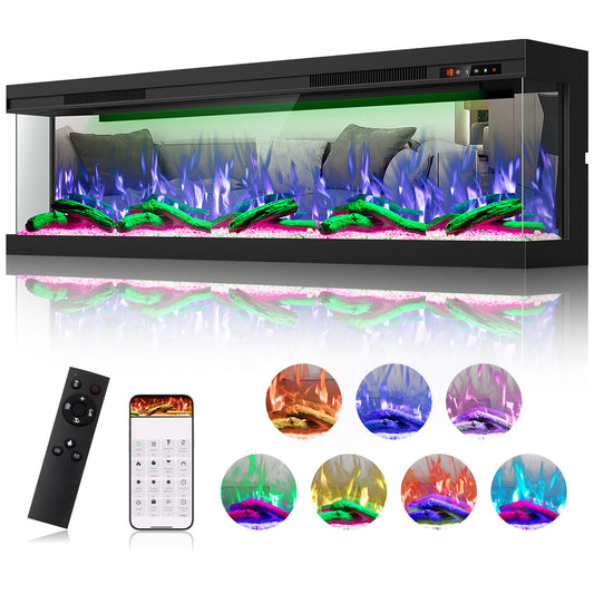 STRICWARM 70 inch 3 Sided Electric Fireplace with 3D Mirrored Flames, Smart WiFi Built-in Linear Fire Place Heater with Touch Screen, APP & Remote Control, Low Noise 1500W, Cracking Sound & Timer