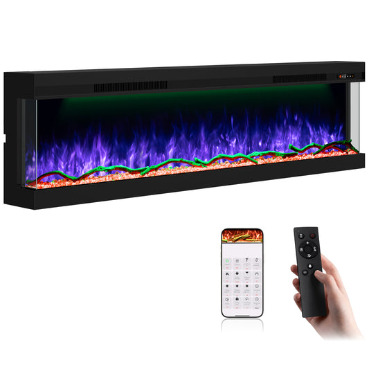 STRICWARM 70 inch 3 Sided Electric Fireplace Insert with Touchscreen, Smart Recessed/Built-in Linear Electric Fire Place Heater 1500W, Multi-Color Realistic Flames, APP Control, Timer, Log & Crystal