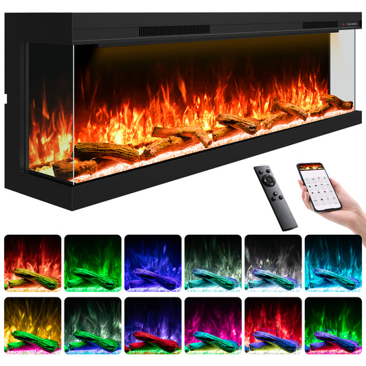 STRICWARM 70" 3 Sided Electric Fireplace Insert, 3D Smart Linear Built-in Fire Place Heater 1500W, Multi-Colors of Flame/Ember Bed/Toplight, APP & Remote Control, Cracking Sound, 9H Timer, Crystal & Log