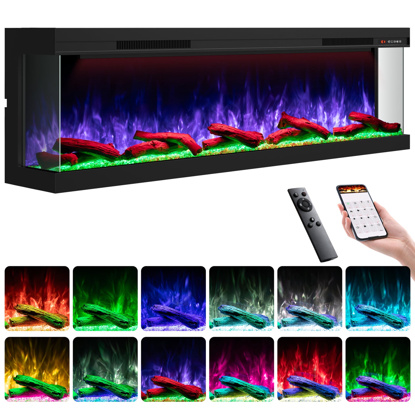 STRICWARM 80" 3 Sided Electric Fireplace Insert, 3D Smart Linear Built-in Fire Place Heater 1500W, Multi-Colors of Flame/Ember Bed/Toplight, APP & Remote Control, Cracking Sound, 9H Timer, Crystal & Log