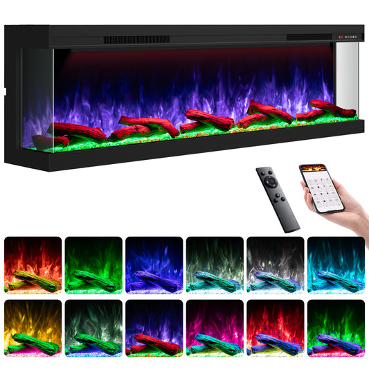 STRICWARM 80" 3 Sided Electric Fireplace Insert, 3D Smart Linear Built-in Fire Place Heater 1500W, Multi-Colors of Flame/Ember Bed/Toplight, APP & Remote Control, Cracking Sound, 9H Timer, Crystal & Log