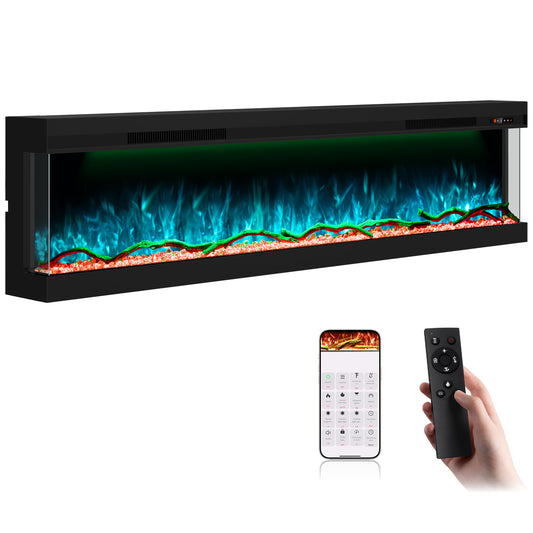 STRICWARM 80 inch 3 Sided Electric Fireplace Insert with Touchscreen, Smart Recessed/Built-in Linear Electric Fire Place Heater 1500W, Multi-Color Realistic Flames, APP Control, Timer, Log & Crystal
